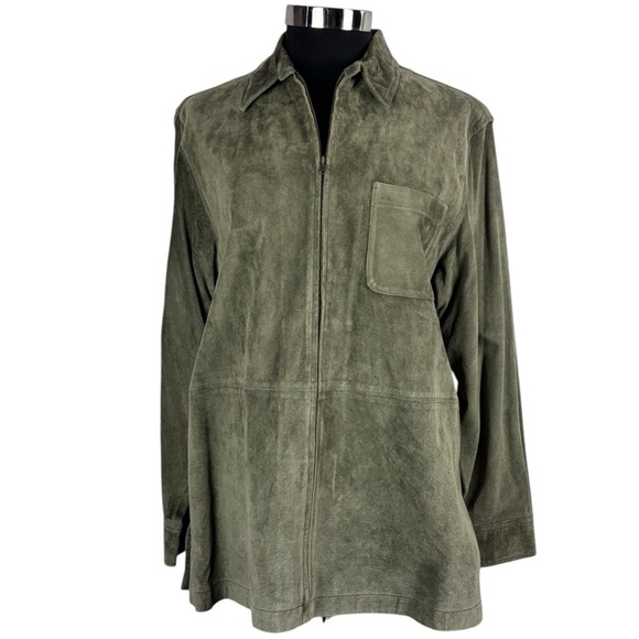 VINTAGE JONES NEW YORK GREEN SUEDE LEATHER ZIP UP COLLARED SHIRT JACKET SHACKET - Picture 3 of 15